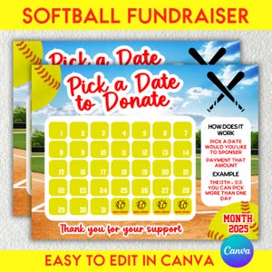 Softball Fundraising Calendar 2025, Pick a Date Donation February Calendar Fundraiser Template 11x8.5 Canva Template Digital Download