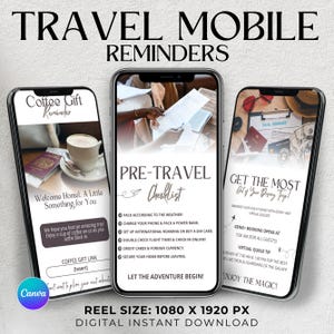 Lembretes móveis para agentes de viagens, modelos de agências de viagens, itinerário de férias digital, itinerário móvel para agentes de viagens, modelo Canva