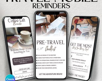 Travel Agent Mobile Reminders, Travel Agency Templates, Digital Vacation Itinerary, Travel Agent Mobile Itinerary, Canva Template