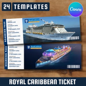 24 boletos de crucero de Royal Caribbean, tarjeta de embarque editable, boleto de crucero, tarjeta de embarque sorpresa para vacaciones, plantilla de Canva