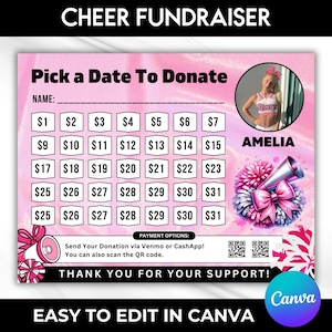 Editable Cheer Fundraiser Calendar, Pick A Date To Donate Cheer, Sponsorship Template, Personalized Cheer Fundraiser Template,Canva Template