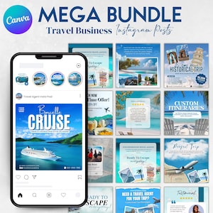 Travel Agent Instagram Post Bundle, 60+ Travel Agent Social Media Templates. Travel Agency Business Posts Bundle, Editable Canva Template