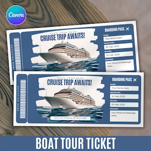 Modèle de billet pour une excursion en bateau, bon cadeau pour une excursion en bateau, bon surprise pour une excursion en bateau, carte d'embarquement imprimable pour une excursion en bateau sur la rivière, modèle Canva