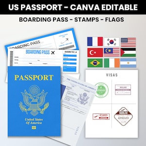 Bewerkbare Amerikaanse paspoorten voor kinderen, afdrukbaar paspoort voor kinderen om te spelen, reizen en leren, instapkaart voor kinderen, stempels en visa Canva-sjabloon