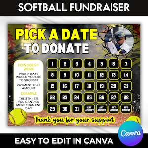 Softball Fundraising Calendar 2025, Pick a Date Donation February Calendar Fundraiser Template 11x8.5 Canva Template Digital Download