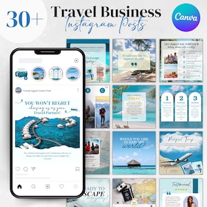 Travel Agent Instagram Post, 30+ Travel Agent Social Media Templates. Travel Agency business Posts Bundle, Canva Editable, Instant Download