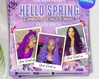 Spring Booking Flyer, Spring Sale, Spring Break Sale Flyer, DIY Flyer Template Design, Spring Flyer, Hair Lash Nail Makeup Braids Wigs Canva