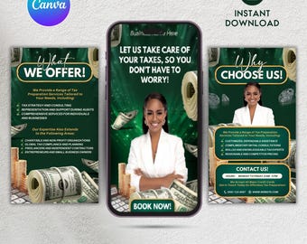 Op de afbeelding: Geanimeerde sjabloon voor een belastingadviesbureau. De sjabloon heeft een groene achtergrond met afbeeldingen van geld en een vrouw in een wit overhemd. De tekst "What We Offer!" en "Why Choose Us!" wordt weergegeven aan de linker- en rechterkant van de sjabloon. De tekst "Let Us Take Care of Your Taxes, So You Don't Have to Worry!" wordt in het midden van de sjabloon weergegeven.