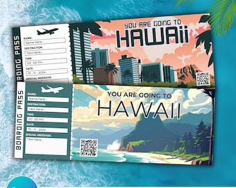 May include: A printable boarding pass template with a tropical Hawaiian theme. The pass has a blue and white background with a cityscape and beach scene. The text "You are going to Hawaii" is printed in black on the top of the pass. The pass has fields for name, destination, time, date, and a special message.