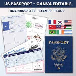 Bewerkbare Amerikaanse paspoorten voor kinderen, afdrukbaar paspoort voor kinderen om te spelen, reizen en leren, instapkaart voor kinderen, stempels en visa Canva-sjabloon