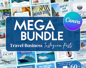 Travel Agent Instagram Post Bundle, 60+ Travel Agent Social Media Templates. Travel Agency Business Posts Bundle, Editable Canva Template