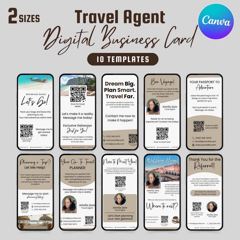 May include: Ten digital business card templates for travel agents. The cards feature a variety of travel-themed images and text, such as "Let's Go!" and "Dream Big. Plan Smart. Travel Far."