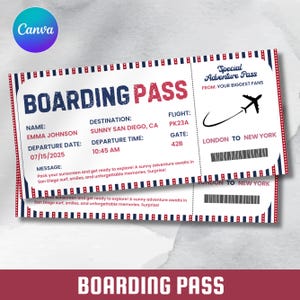 Modelo de cartão de embarque editável: passagem aérea personalizada, cartão de embarque faça você mesmo para viagem surpresa, cartão de embarque para impressão, presente de viagem surpresa