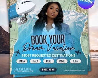 Travel Agent Flyer, DIY E-Flyer Template, Travel Flyer, Vacation Flyer, Travel Agency, Social Media Flyer, Canva Editable, Instant Download