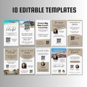 May include: Ten editable templates for travel agents. The templates feature a variety of designs with a brown and white color scheme. Each template includes a QR code and the text "Let's Go!" "Dream Big. Plan Smart. Travel Far." "Bon Voyage!" "Your Passport to Adventure" "Planning a Trip? Let Me Help!" "Your Go-To Travel Planner" "Nice to Meet You!" "Welcome Home!" "Thank You for the Referral!"