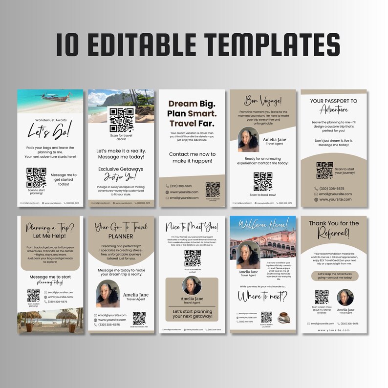 May include: Ten editable templates for travel agents. The templates feature a variety of designs with a brown and white color scheme. Each template includes a QR code and the text "Let's Go!" "Dream Big. Plan Smart. Travel Far." "Bon Voyage!" "Your Passport to Adventure" "Planning a Trip? Let Me Help!" "Your Go-To Travel Planner" "Nice to Meet You!" "Welcome Home!" "Thank You for the Referral!"