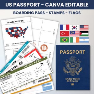 Bearbeitbare US-Pässe für Kinder, druckbarer Pass für Kinder zum Spielen, Reisen und Lernen, Kinder-Bordkarte, Briefmarken und Visen Canva-Vorlage