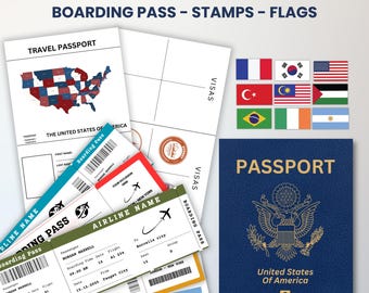Editable Us Passports for Kids, Printable Passport for Kid for Playing Travel and Learning,kids Boarding Pass, Stamps & Visas Canva Template