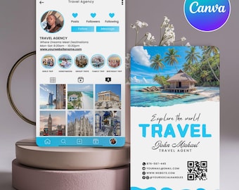 Travel Agent Business Card, Printable Instagram Business Card, QR Code Business Card Template, Canva Template, Editable, Instant Download