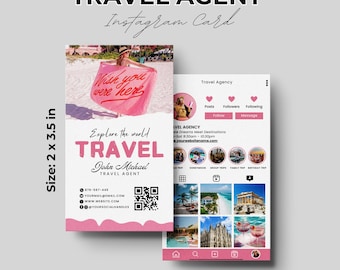 Reisebüro Visitenkarte, druckbare Instagram Visitenkarte, QR Code Visitenkarte Vorlage, Canva Vorlage, bearbeitbar, Sofort Download