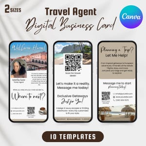 May include: A digital business card template for a travel agent. The card features a tropical beach scene, a QR code, and the text "Planning a Trip? Let Me Help!"  The card also includes the text "From tropical getaways to European adventures, I'll handle all the details - flights, stays, and more. Just pack your bags and get ready to explore!"
