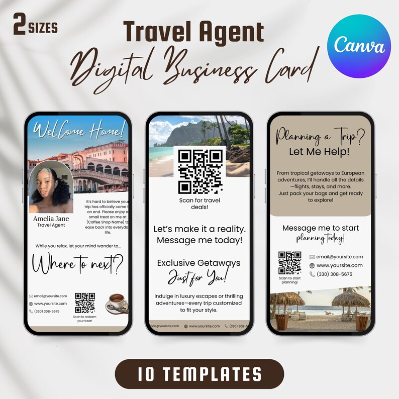 May include: A digital business card template for a travel agent. The card features a tropical beach scene, a QR code, and the text "Planning a Trip? Let Me Help!"  The card also includes the text "From tropical getaways to European adventures, I'll handle all the details - flights, stays, and more. Just pack your bags and get ready to explore!"