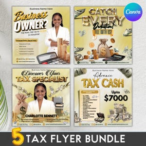 Puede incluir: Un conjunto de cinco plantillas de folletos fiscales con un esquema de color amarillo y dorado con imágenes de dinero y una calculadora. El texto en los folletos incluye "Business Owner?", "Catch Every Deduction! File With Us!", "Discover Your Tax Specialist", "Advance Tax Cash Upto 7000 €", y "5 Tax Flyer Bundle".