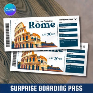 Carta d'imbarco Roma, Modello di carta d'imbarco a sorpresa, Stai andando a Roma,, Stai andando a Roma, Carta d'imbarco stampabile, Modello Canva