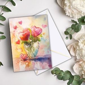 Cartão de Dia das Mães, Cartão de aquarela com flores em forma de coração, Cartão de felicitações floral para a mãe, Presente de Dia das Mães, Cartão de nota em branco para ela