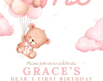Plantilla de invitación para el primer cumpleaños de una niña con osito rosa / Invitación editable para el primer cumpleaños / Descarga instantánea / Plantilla de Canva