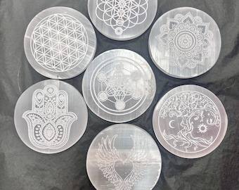 Engraved Selenite Crystal Charging Plate, Chakra Healing (8cm)