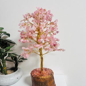 Rose quartz crystal Tree, Bonsai Tree of life, handmade gold Wire wrapped tree Gem tree, healing crystal, crystal Home Decor Gift