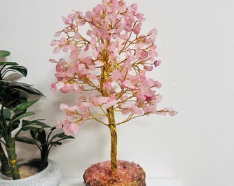 Rose quartz crystal Tree, Bonsai Tree of life, handmade gold Wire wrapped tree Gem tree, healing crystal, crystal Home Decor Gift
