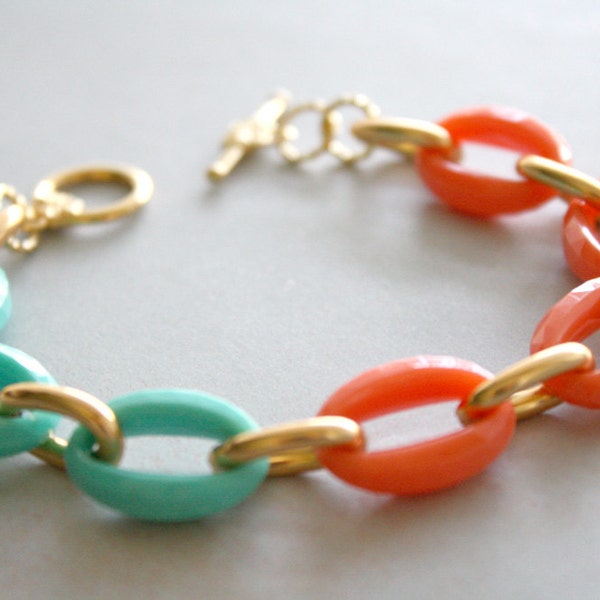LAST ONE - Arm Candy - coral mint and gold link bracelet - gift under 15
