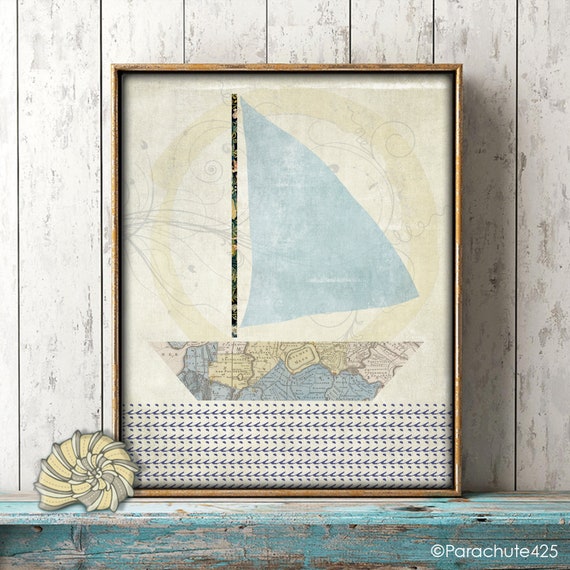 Nautical Abstract Sail Boat Wall Art Blue And Cream Beach House Decore Accent Art Print