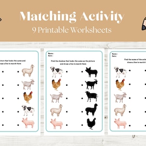 9 Printable Farm Animal Matching Activity Worksheet Kids Fun Educational Preschoolers, Early Learners, Kindergarten, Homeschool