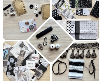 May include: A collage of craft supplies including fabric swatches in black, white, and gold patterns, decorative buttons, beads, tassels, and ephemera. There are also small, decorative cards and a black, cylindrical object.