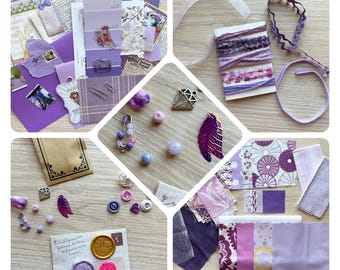 May include: A collection of purple craft supplies, including fabric swatches, beads, ribbons, and decorative paper. The image features a variety of textures and shades of purple, with a focus on scrapbooking and crafting elements.
