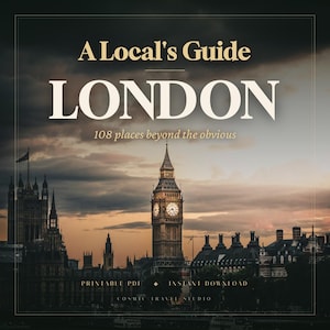 Peut inclure: Un guide numérique intitulé A Local's Guide LONDON 108 places beyond the obvious, avec une photographie de la tour Elizabeth et de Big Ben au coucher du soleil. Le texte inclut Printable PDF, Instant Download et Cosmic Travel Studio.