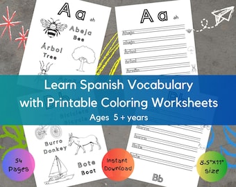 Spanish Word Tracing and Recognition Coloring Worksheets for Kids | Printable Spanish Learning Activities