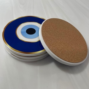Evil Eye Drink Coasters- Ceramic Coasters with cork bottom. Nazar. Mati. Mataki Coasters