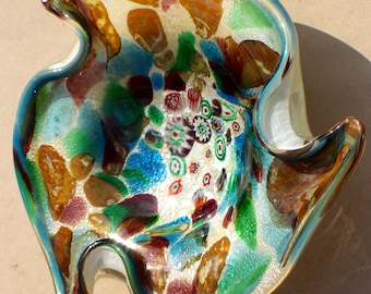Vintage Mid-Century Green & Yellow Murano Style Blown Art Glass Bowl Dish Christmas in July Sale!