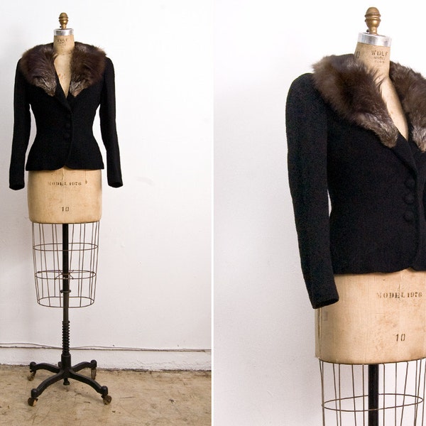 vintage 1930s jacket // vintage 30s fox fur wool jacket