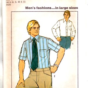 May include: A Simplicity 7942 sewing pattern envelope for large sizes. The cover features illustrations of two shirts and trousers. One illustration shows a short-sleeved striped shirt with a tie and trousers, while the other shows a long-sleeved shirt.