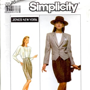 May include: A Simplicity sewing pattern envelope, number 8797, size 20, featuring a Jones New York design. The illustration shows a two-piece outfit consisting of a light gray blazer with a white top and a dark brown skirt, accompanied by a hat.
