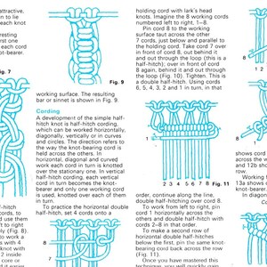 May include: A page from a macrame guide, featuring diagrams and instructions for various knots. The illustrations demonstrate techniques like half-hitch, double half-hitch, and cording. The text explains the knotting process.