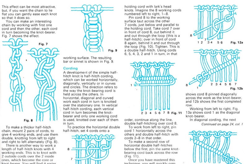 May include: A page from a macrame guide, featuring diagrams and instructions for various knots. The illustrations demonstrate techniques like half-hitch, double half-hitch, and cording. The text explains the knotting process.