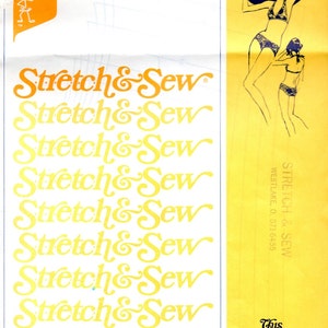 May include: A vintage Stretch & Sew sewing pattern envelope for a halter bikini, pattern number 1390. The white and yellow paper envelope features illustrations of a bikini, text detailing bra cup sizes A, B, C, D, and hip sizes 28-40.