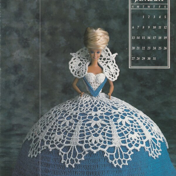 Miss January 1991 11.5 Inch Doll Ball Gown with Full Skirt Scalloped Hem Lace Bodice and Overlay Crochet Craft Pattern Leaflet