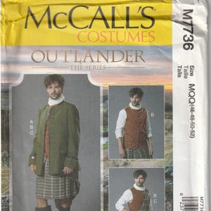 May include: McCall's Costumes M7736 sewing pattern for Outlander series costumes. The pattern features illustrations of men's outfits, including a green jacket, vest, and kilt. The size is MQQ (46-48-50-52).